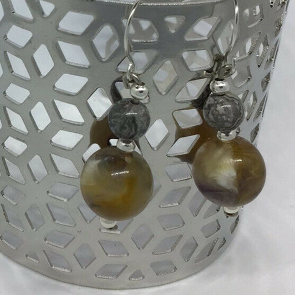Artisan Earrings Silver Tone Stone Bead Dangle